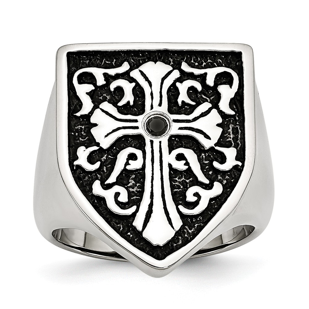 Stainless Steel And Black Diamond Cross Shield Ring