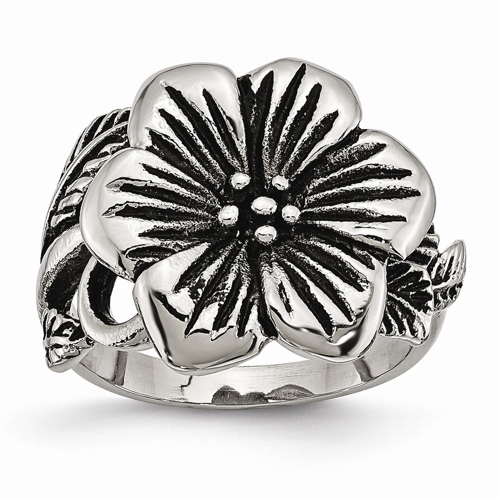 Stainless Steel Antiqued Floral Ring