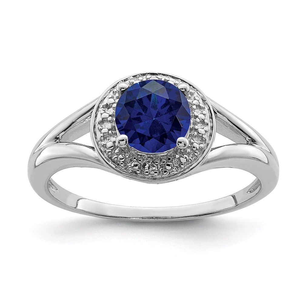 Sterling Silver .01 Ctw Diamond & Round Created Sapphire Ring