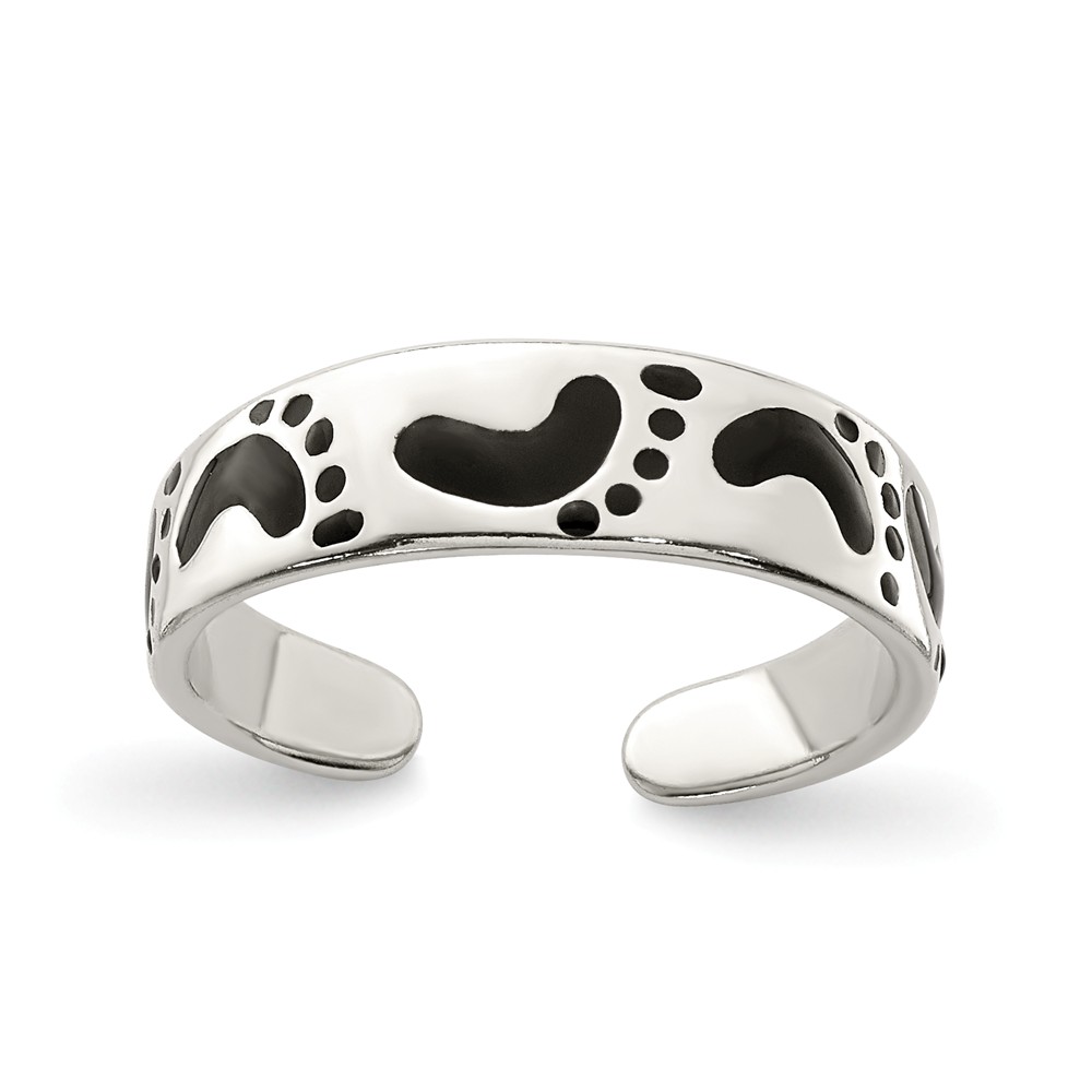 Black Enameled Footprints Toe Ring in Sterling Silver