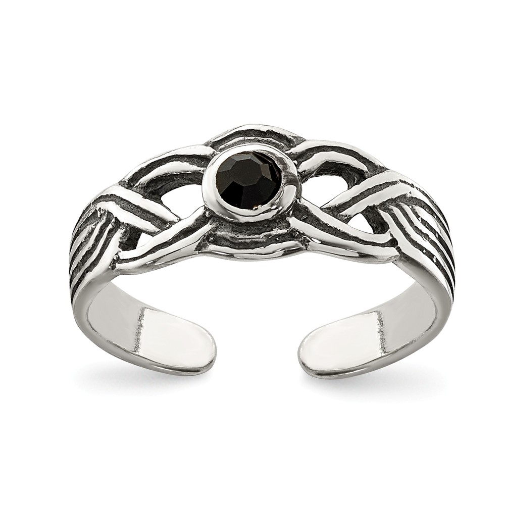 Black Cubic Zirconia Toe Ring in Antiqued Sterling Silver