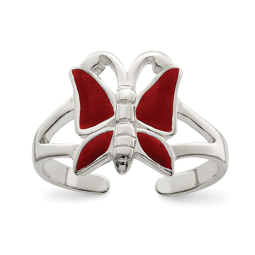 Red Enameled Butterfly Toe Ring in Antiqued Sterling Silver