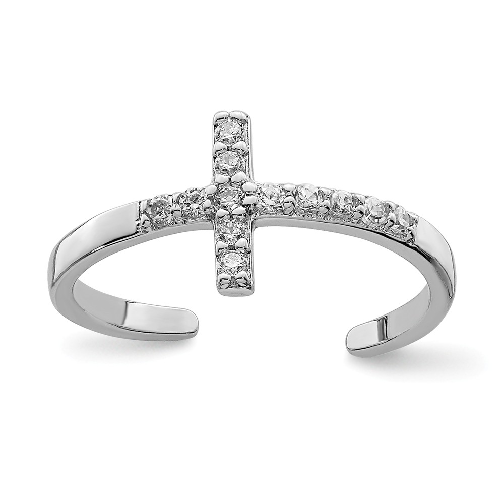 Rhodium Plated Sterling Silver Cubic Zirconia Cross Toe Ring
