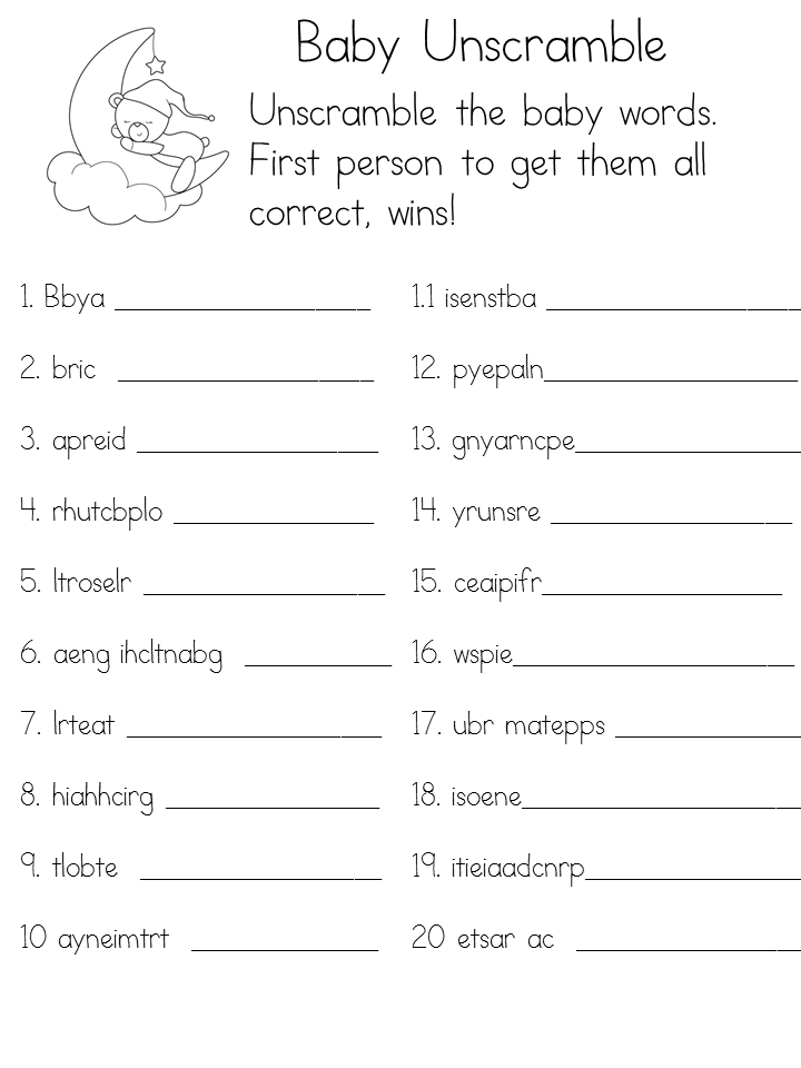 Free Printable Baby Shower Games Unscramble Words