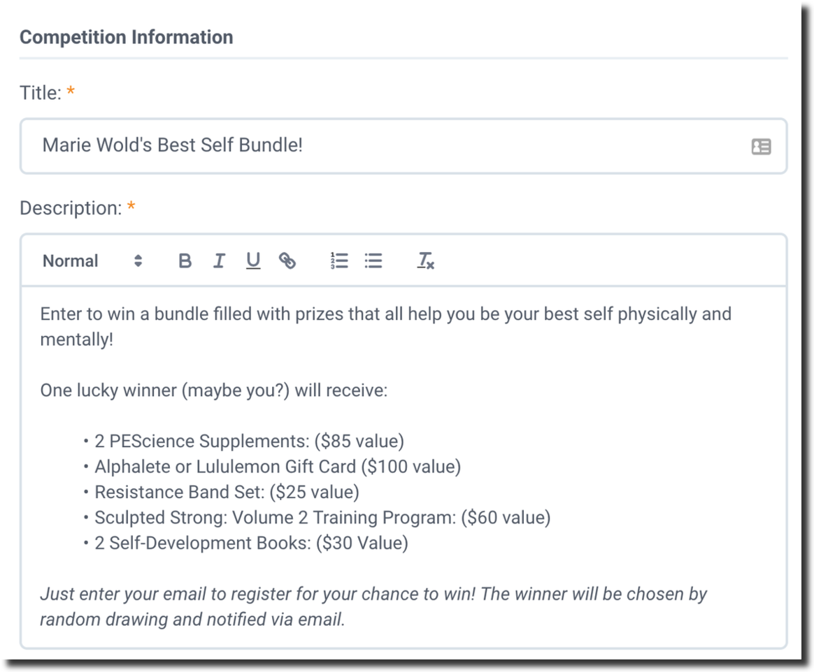marie giveaway setup