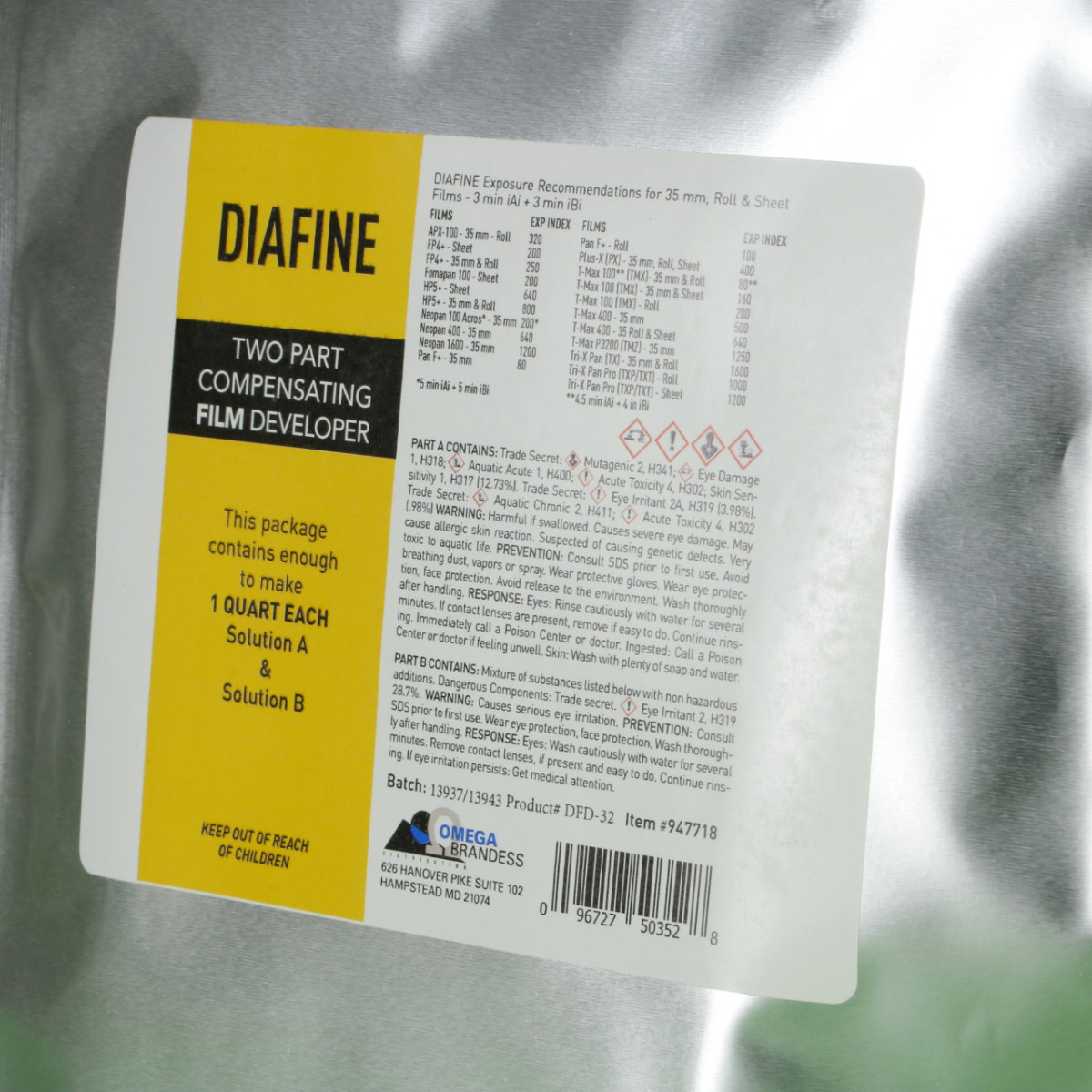 Diafine Black and White Compensating Film Developer - 1 Quart