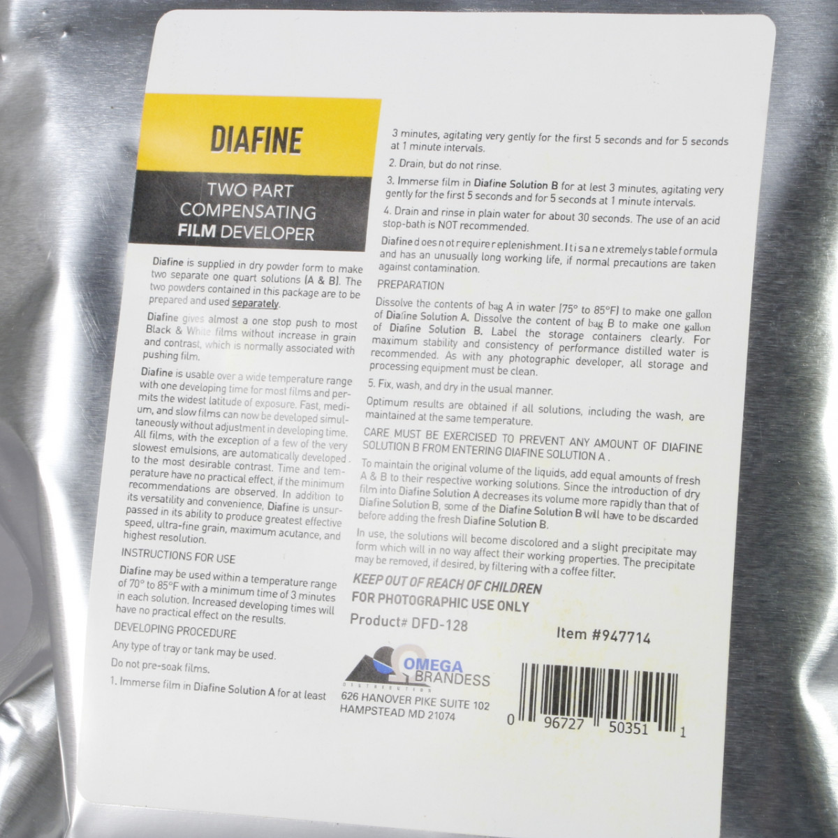Diafine Black and White Compensating Film Developer - 1 Gallon