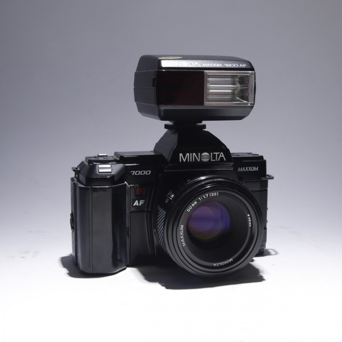 Minolta Maxxum 7000 camera with Minolta 50mm f1.8 lens and Minolta Maxxum 1800 AF flash