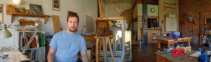 Artist Nathan DiPietro in his Studio, Seattle WA