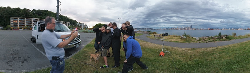 Q13 TV Reporter James Lynch, Poses with Bystanders, Seattle WA