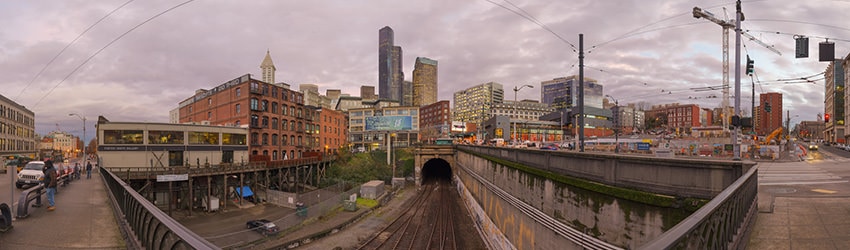 Pink Dawn at 4th Ave & Main St, Pioneer Square, Seattle WA