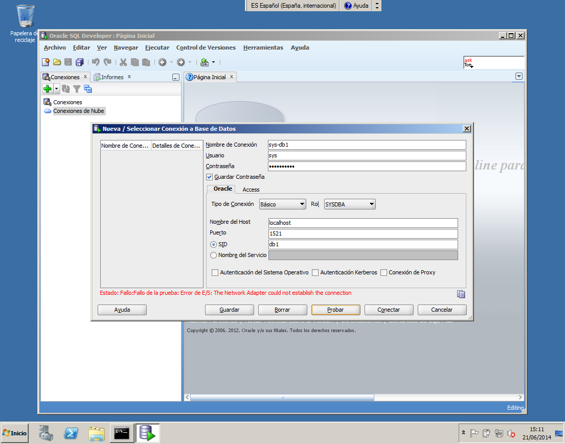 Error en la conexión de Oracle SQL Developer con Oracle 12c en Windows 2008 R2 virtualizado con Virtual Box