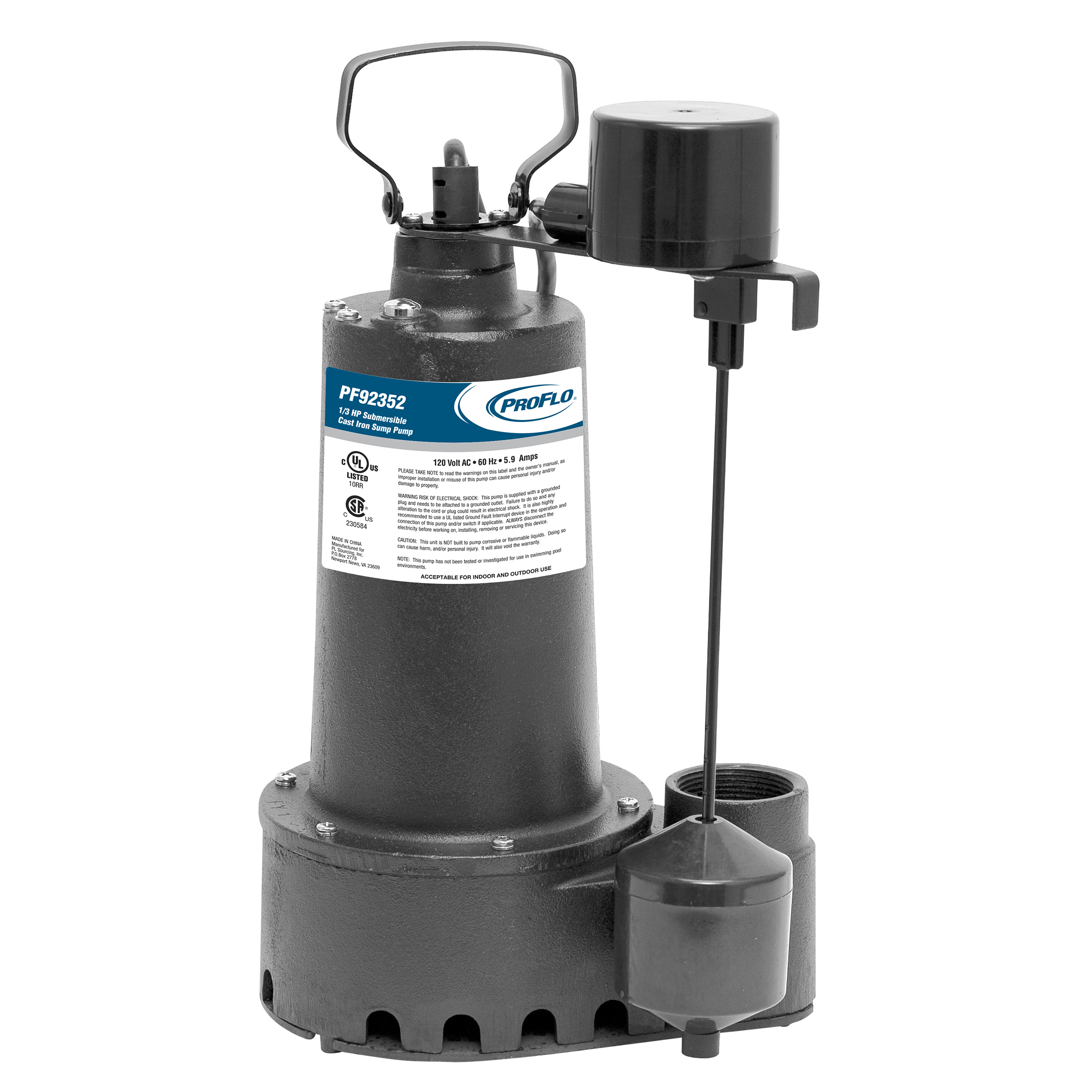 PROFLO PF92352 12V 1/3 hp Cast Iron Electric Submersible Pump with Vertical Switch