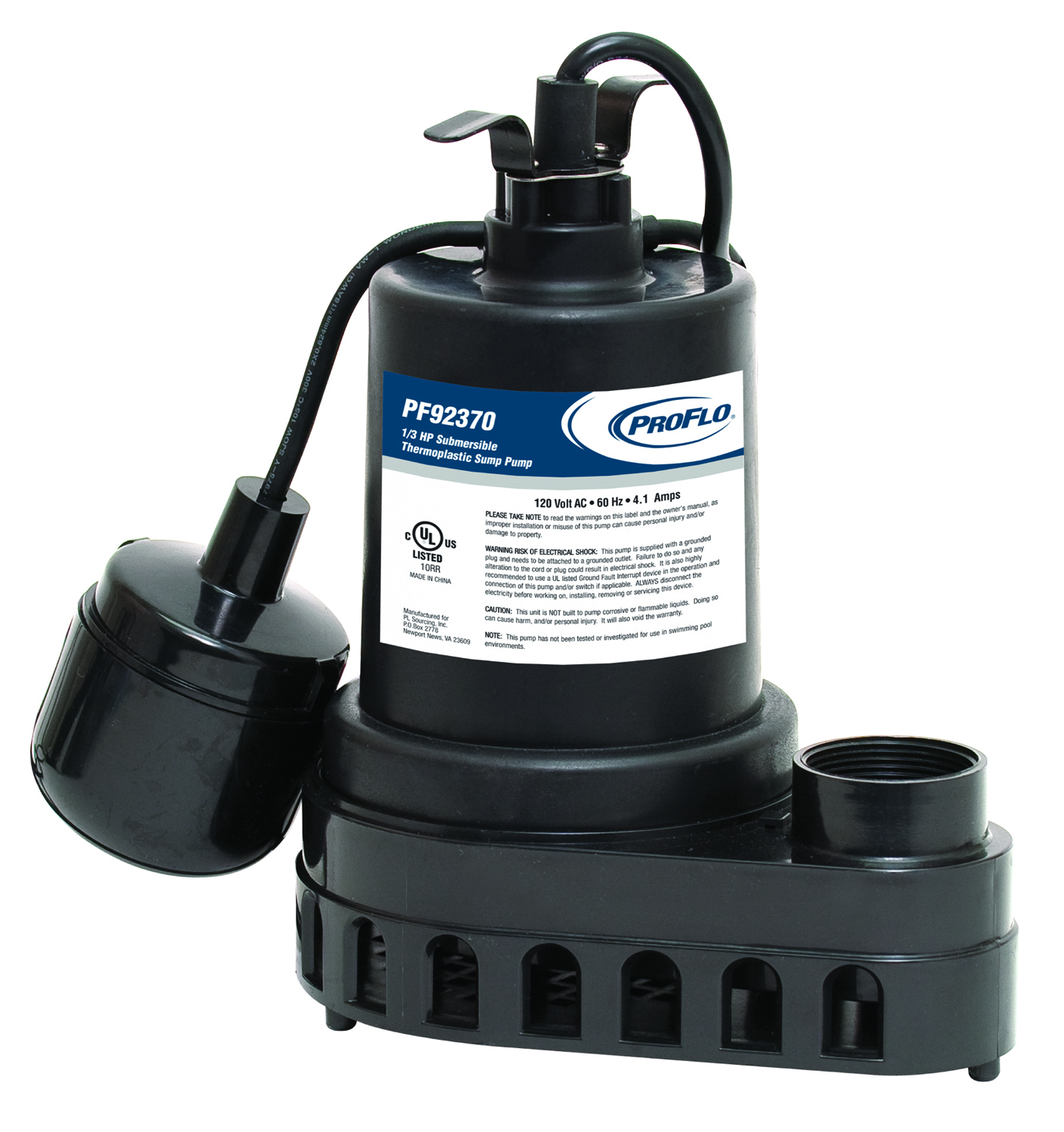 PROFLO PF92370 12V 1/3 hp Thermoplastic Submersible Sump Pump with Tethered Float