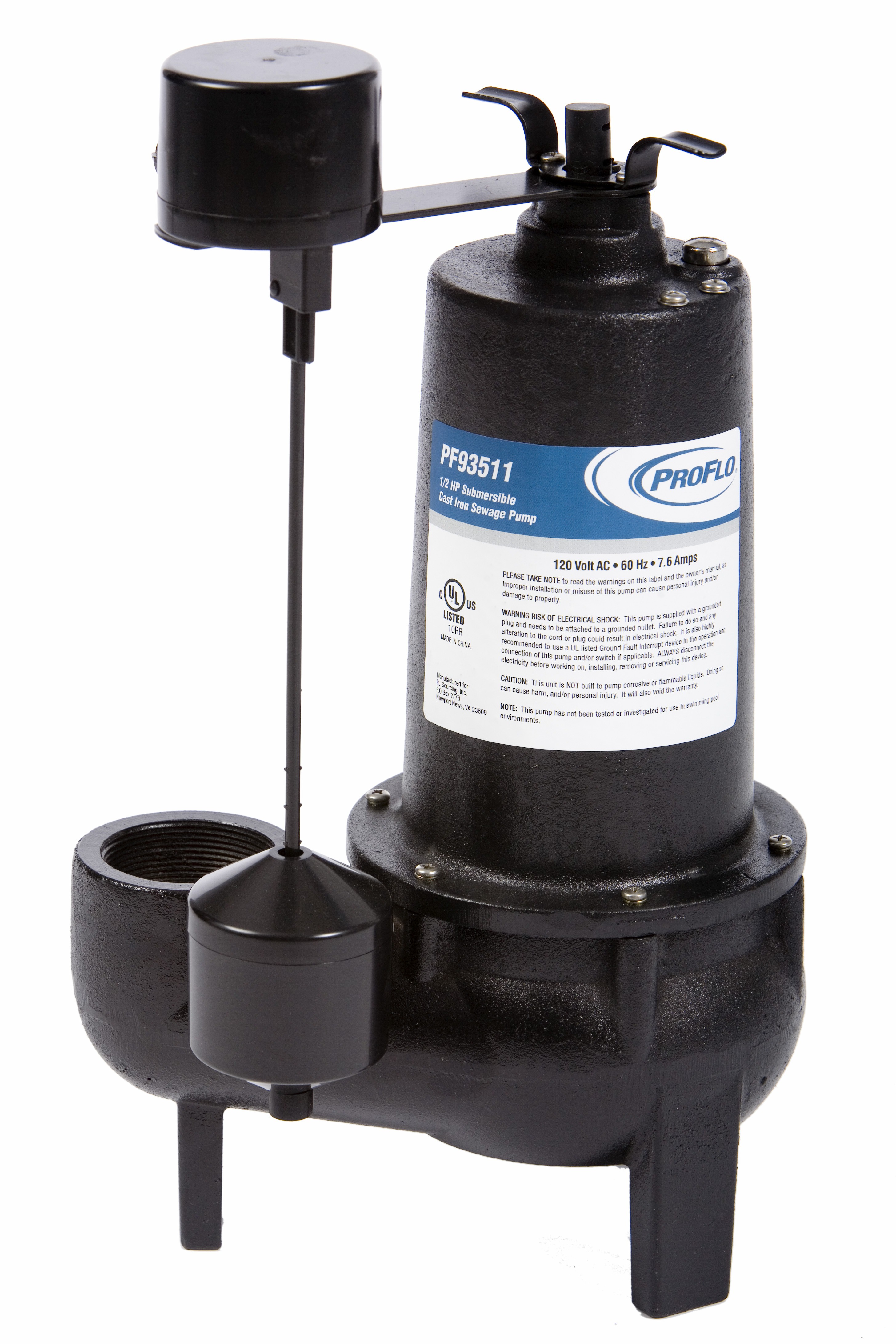 PROFLO PF93511 120V 1/2 hp Cast Iron Electric Sewage Pump with Vertical Switch