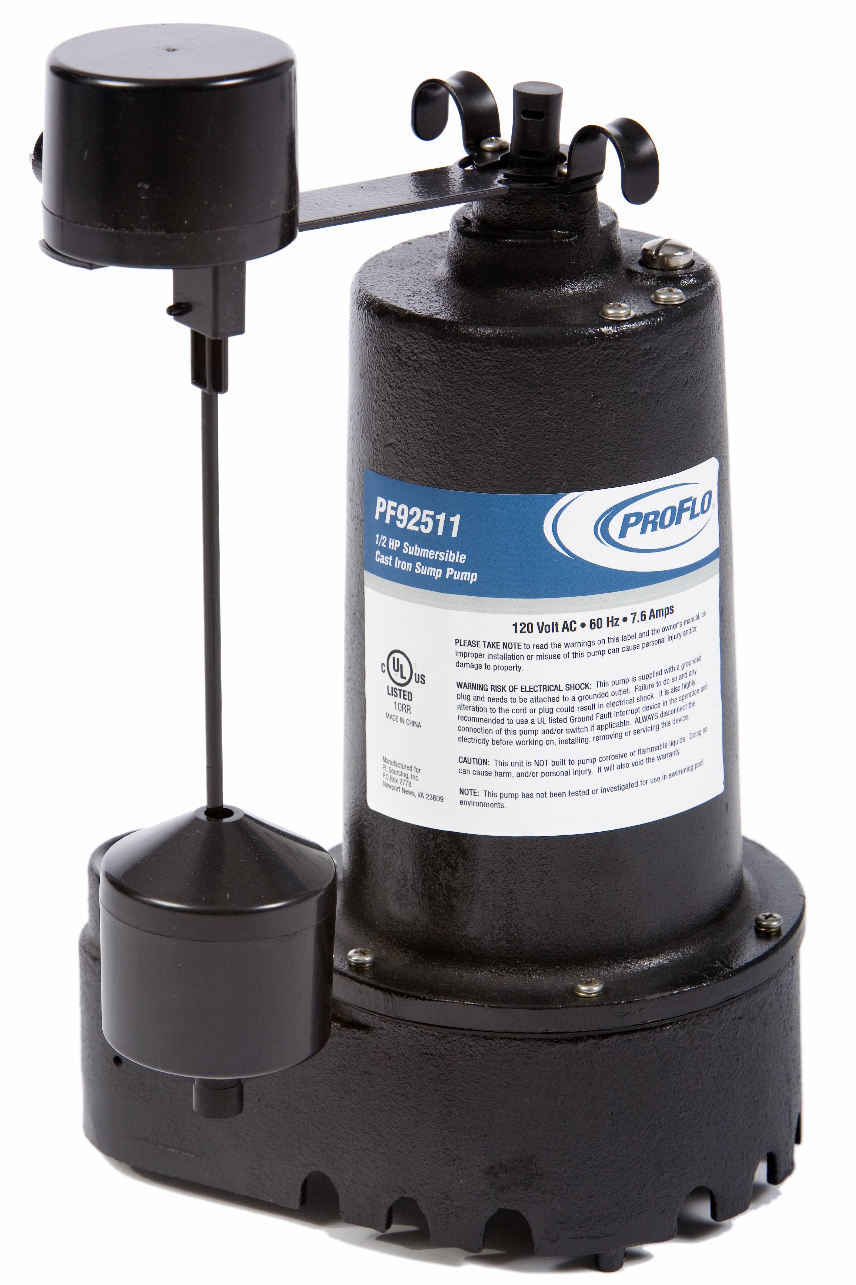 PROFLO PF92511 Model: 001 120V 1/2 hp Cast Iron Electric Sump Pump with Vertical Switch