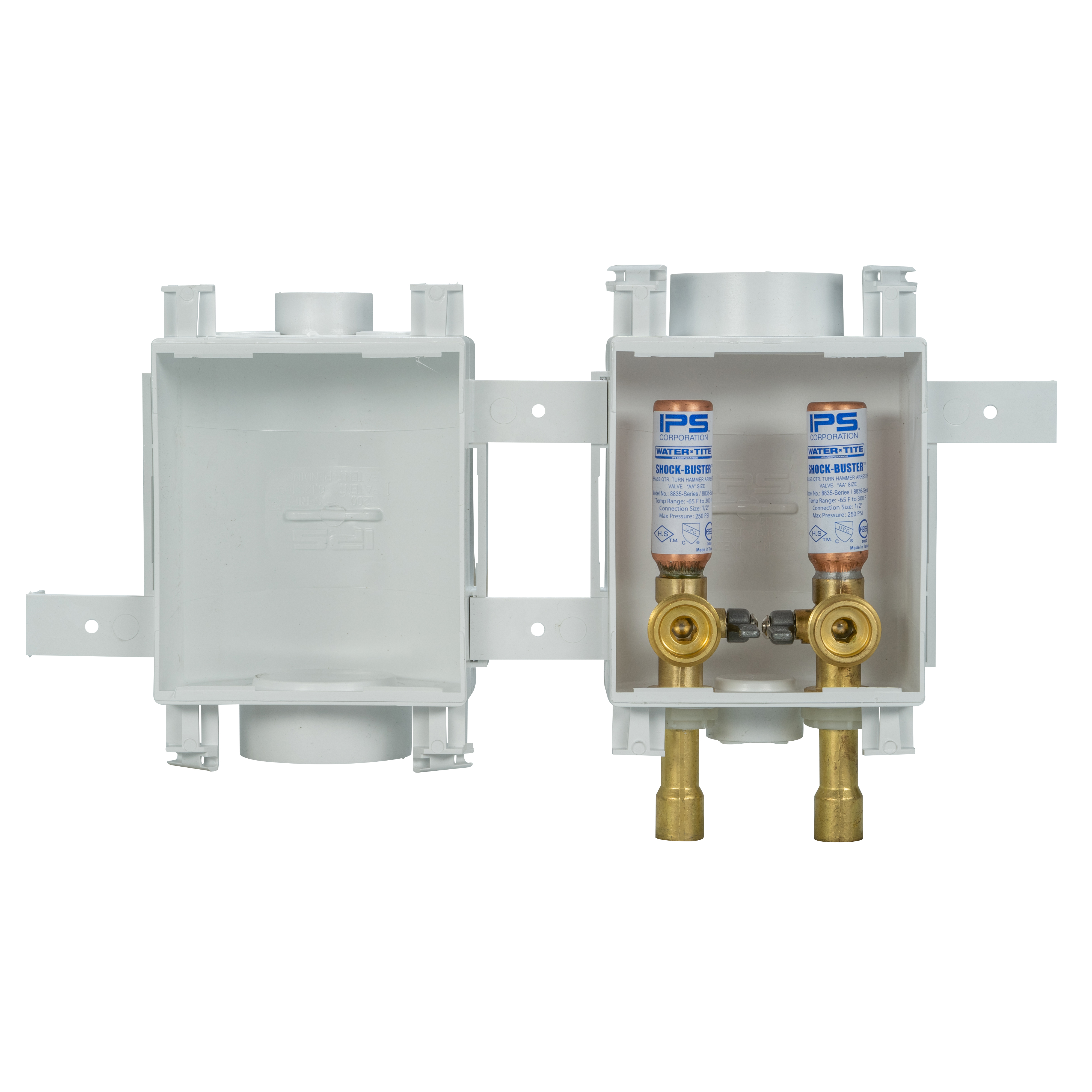 Water-Tite 82914 MultiBox™ Washing Machine Outlet Box with Auxiliary Drain Box, White Plastic, Quarter-Turn Brass Valves with Hammer Arresters, 1/2-Inch Sweat Connection