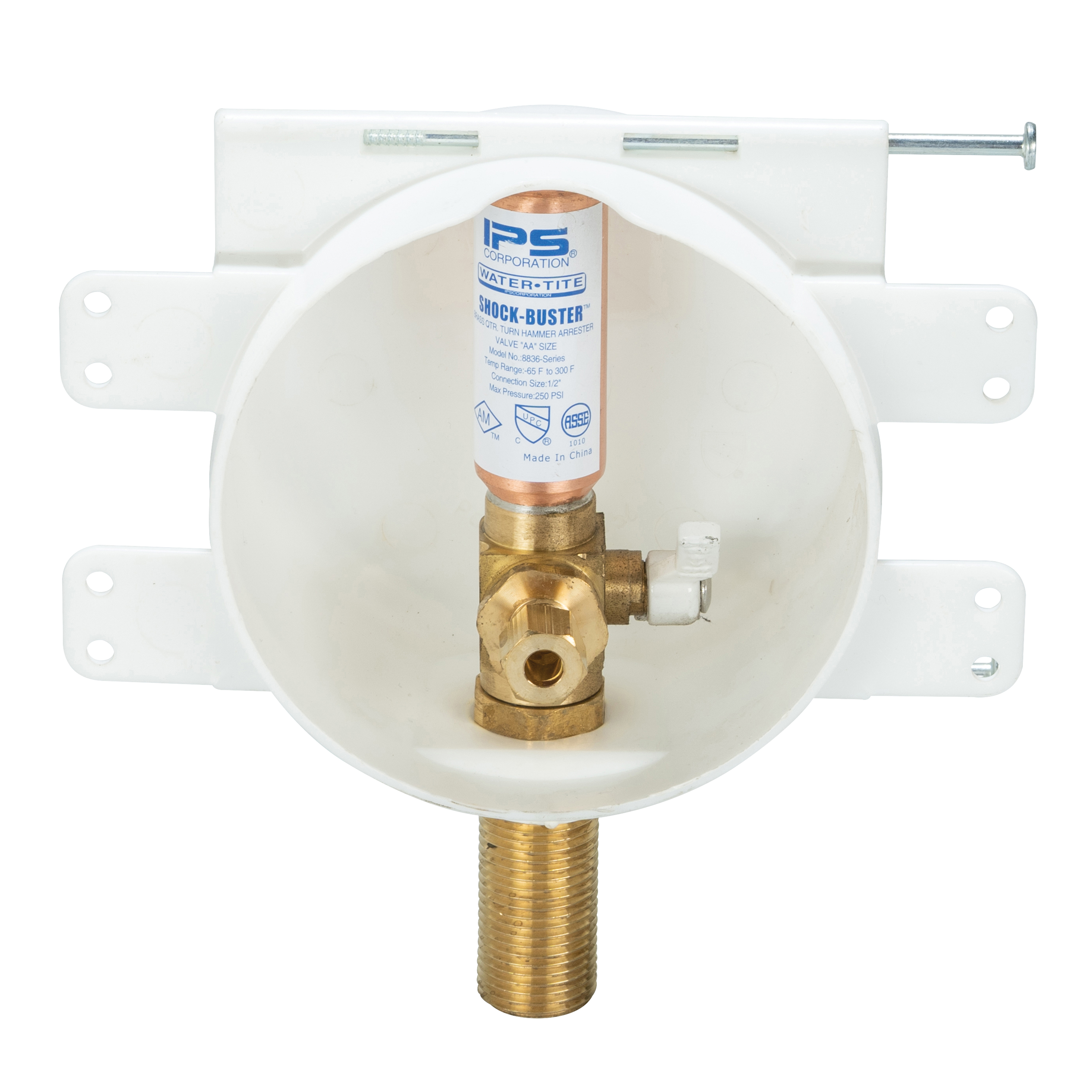 Water-Tite 88373 Mini Round Ice Maker Outlet Box, White Plastic, Quarter-Turn Lead-Free Brass Valve with Hammer Arrester, 1/2-Inch Sweat Connection, Contractor Pack