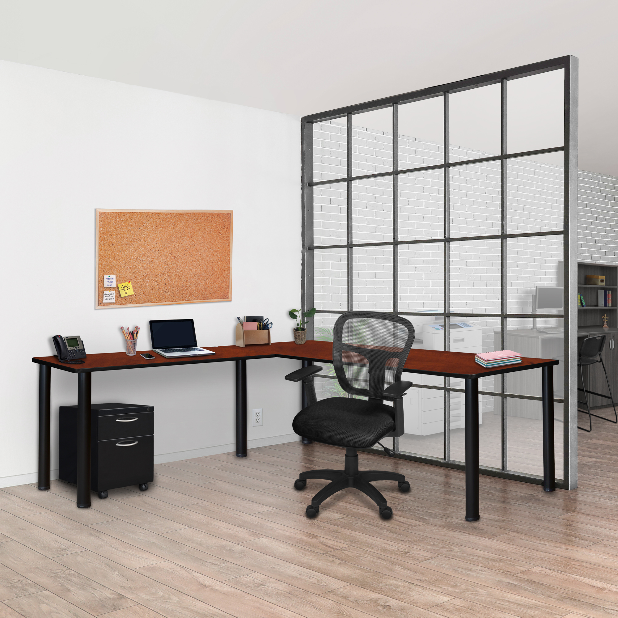 Regency Kee 66 x 66 in. Corner L Shaped Desk with Pedestal Drawer - Picture 6 of 32