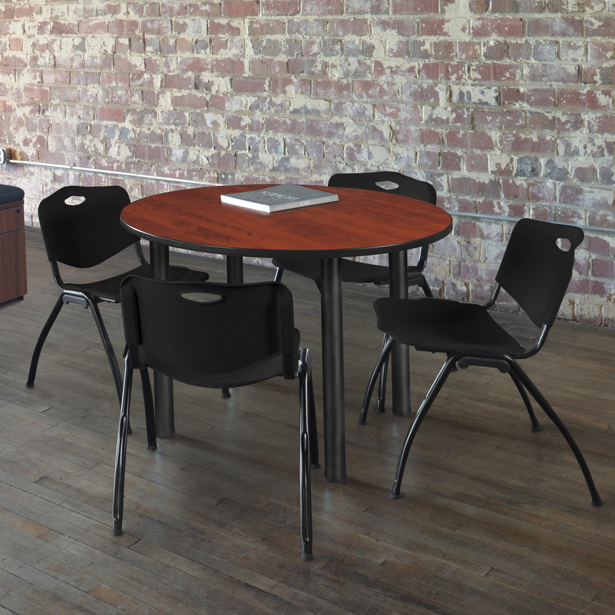 Regency Kee 36 in Round Breakroom Table Top Black Legs 4 M Stack Chairs - Picture 28 of 110