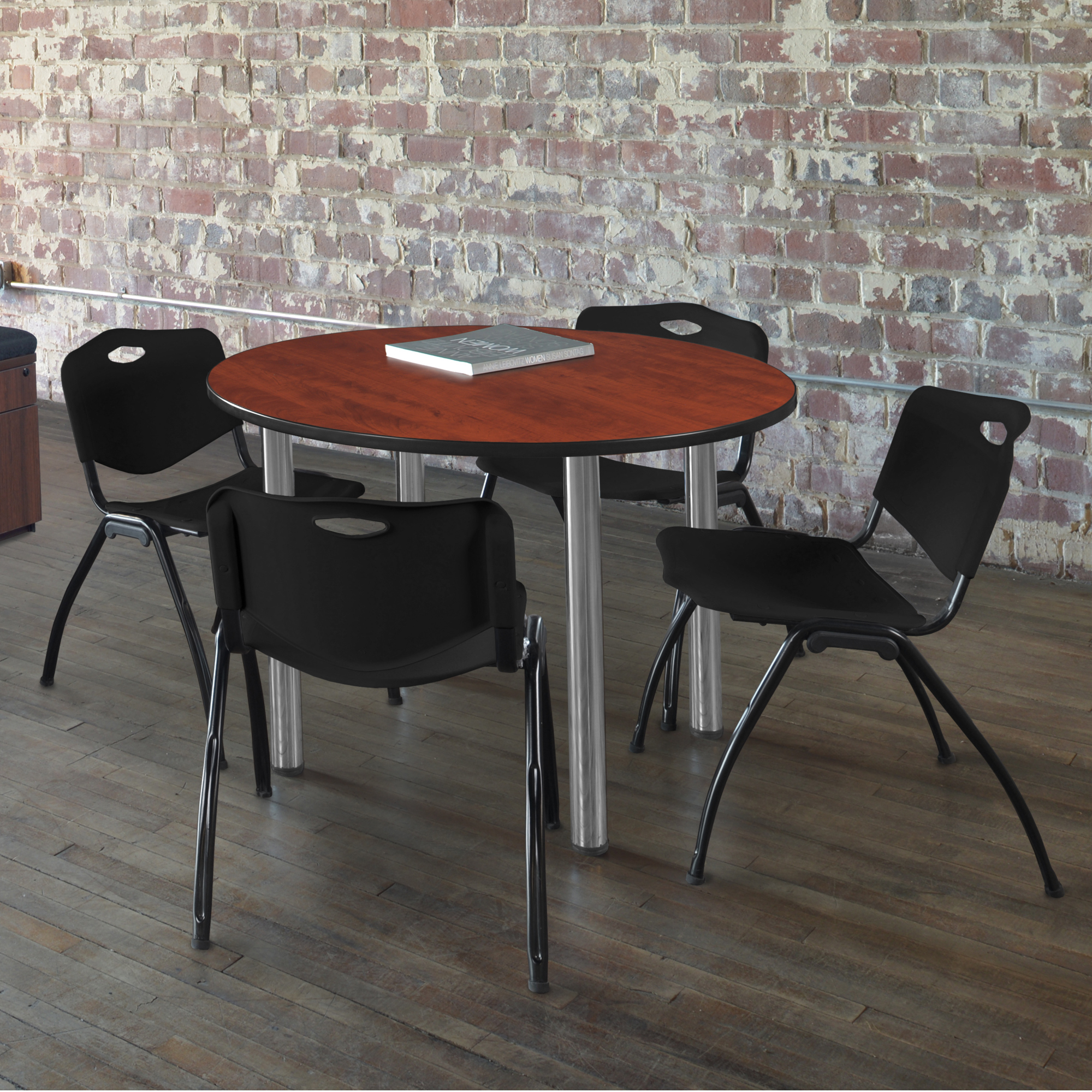 Regency Kee 36 in Round Breakroom Table Top Black Legs 4 M Stack Chairs - Picture 32 of 110