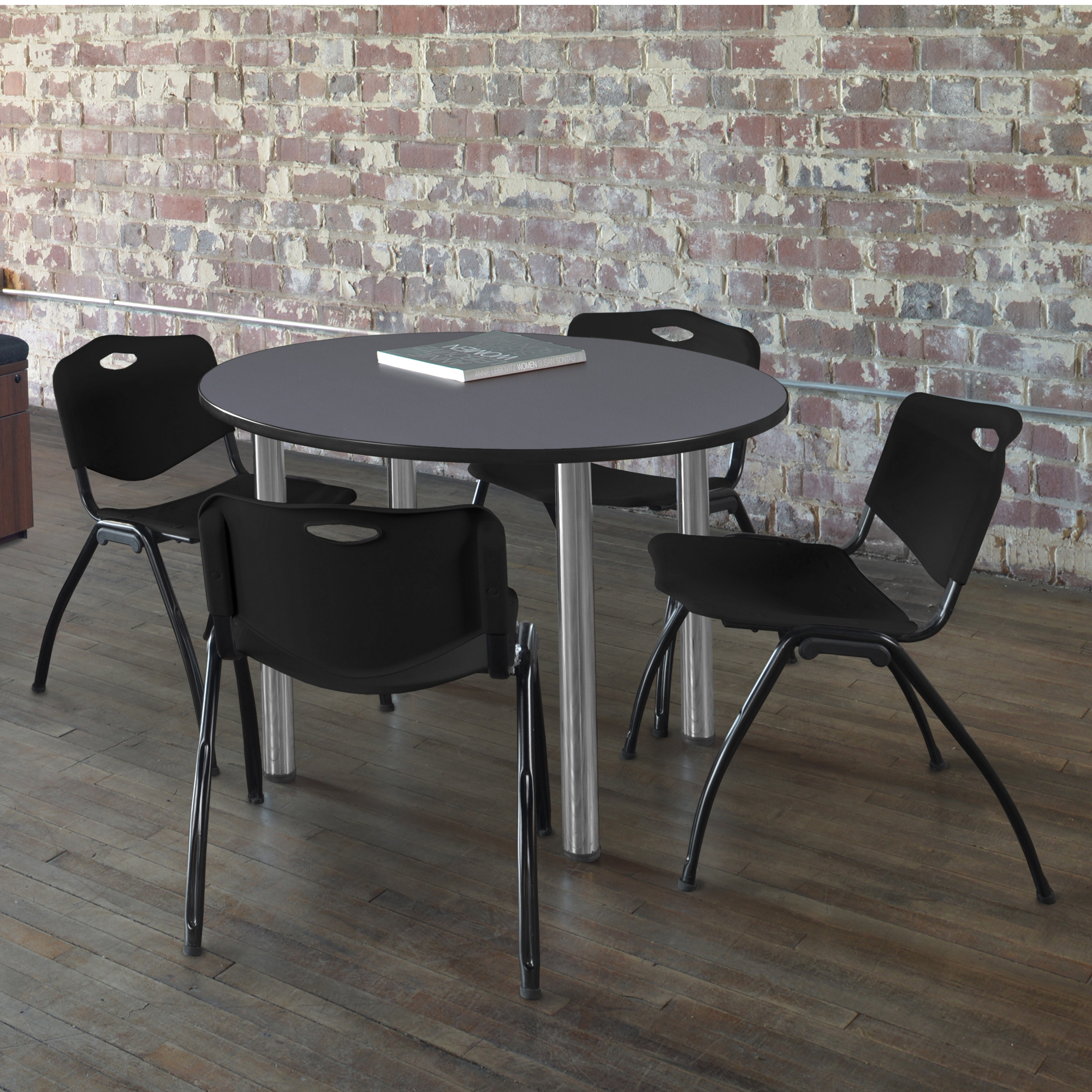 Regency Kee 36 in Round Breakroom Table Top Black Legs 4 M Stack Chairs - Picture 40 of 110