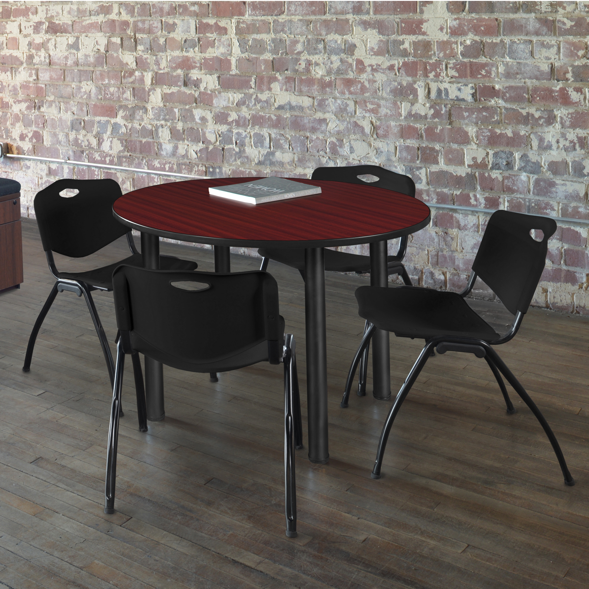 Regency Kee 36 in Round Breakroom Table Top Black Legs 4 M Stack Chairs - Picture 64 of 110