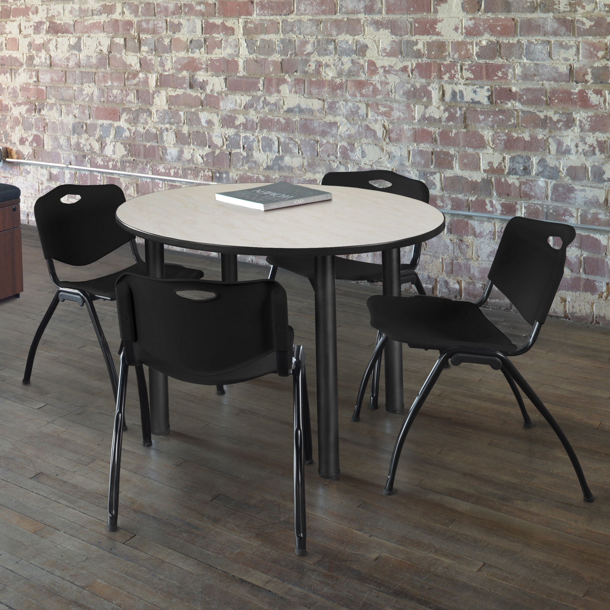 Regency Kee 36 in Round Breakroom Table Top Black Legs 4 M Stack Chairs - Picture 68 of 110