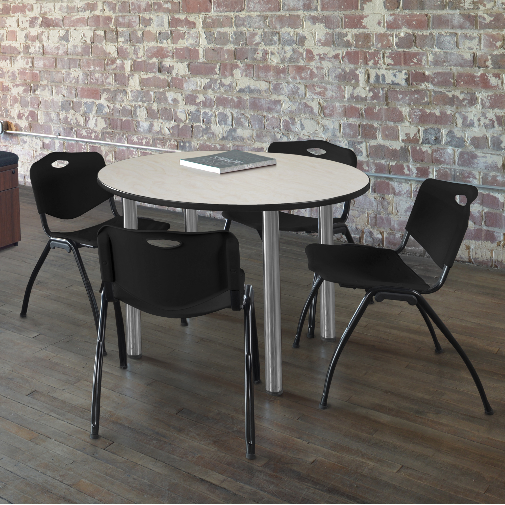 Regency Kee 36 in Round Breakroom Table Top Black Legs 4 M Stack Chairs - Picture 48 of 110