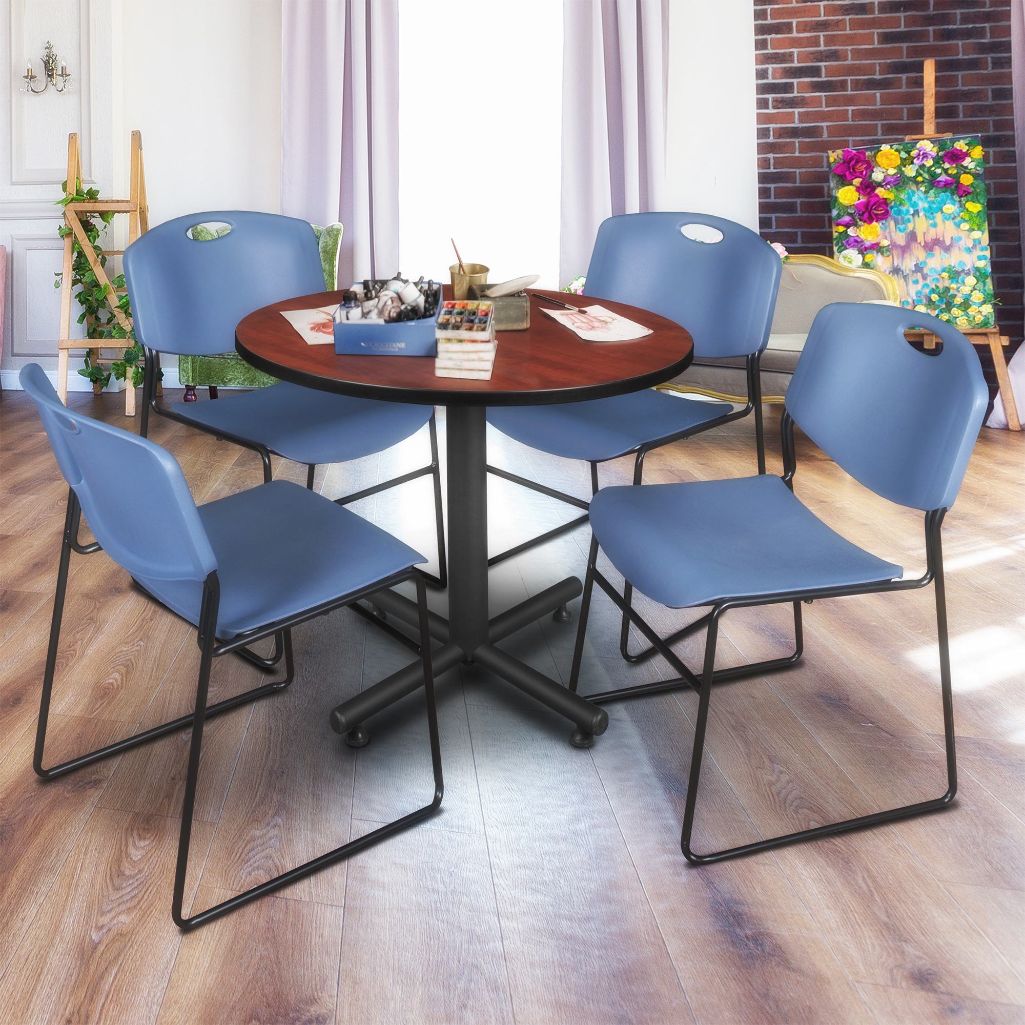 Regency Kobe 30 in. Square XBase Breakroom Table 4 Zeng Stack Chairs - Picture 12 of 26
