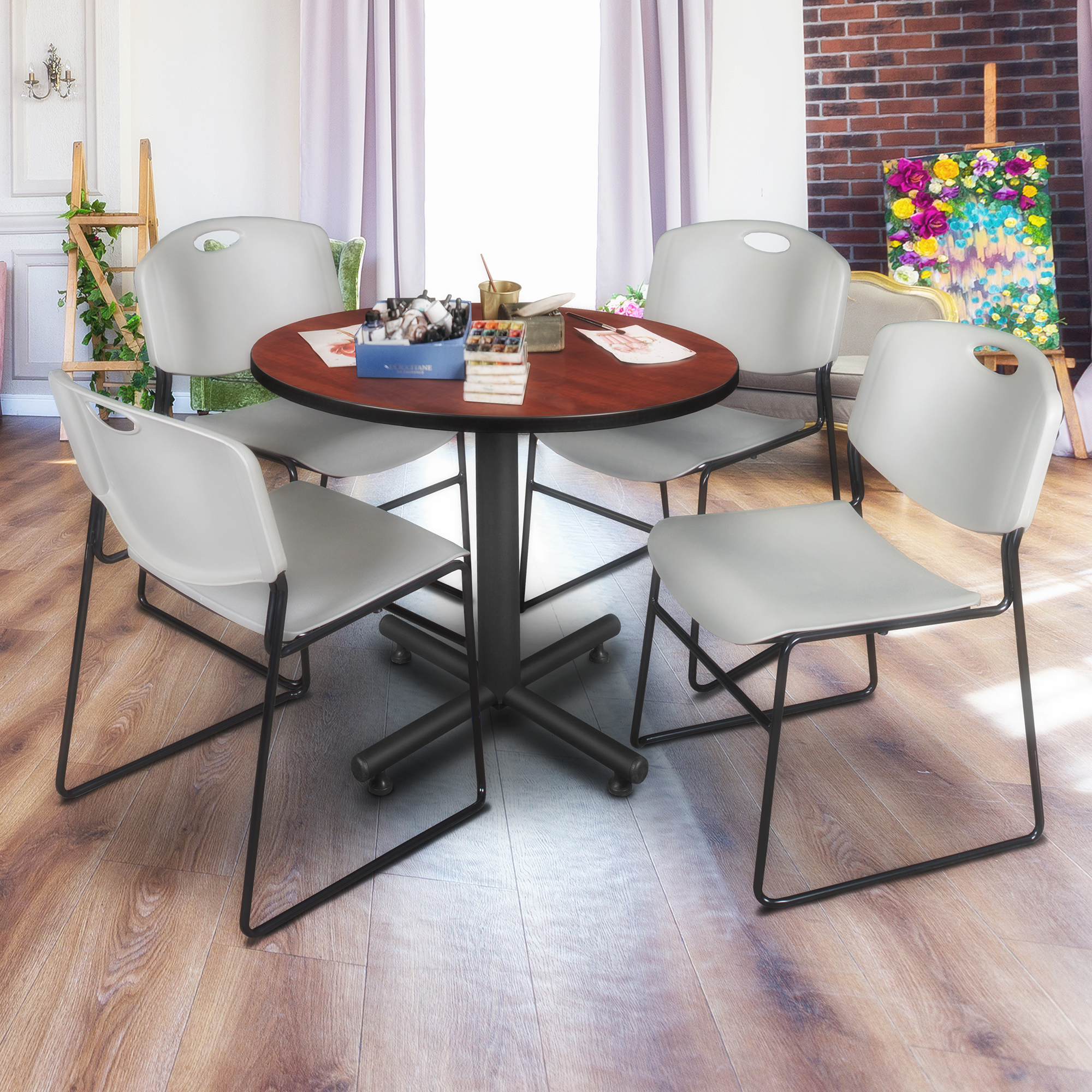 Regency Kobe 30 in. Square XBase Breakroom Table 4 Zeng Stack Chairs - Picture 20 of 26