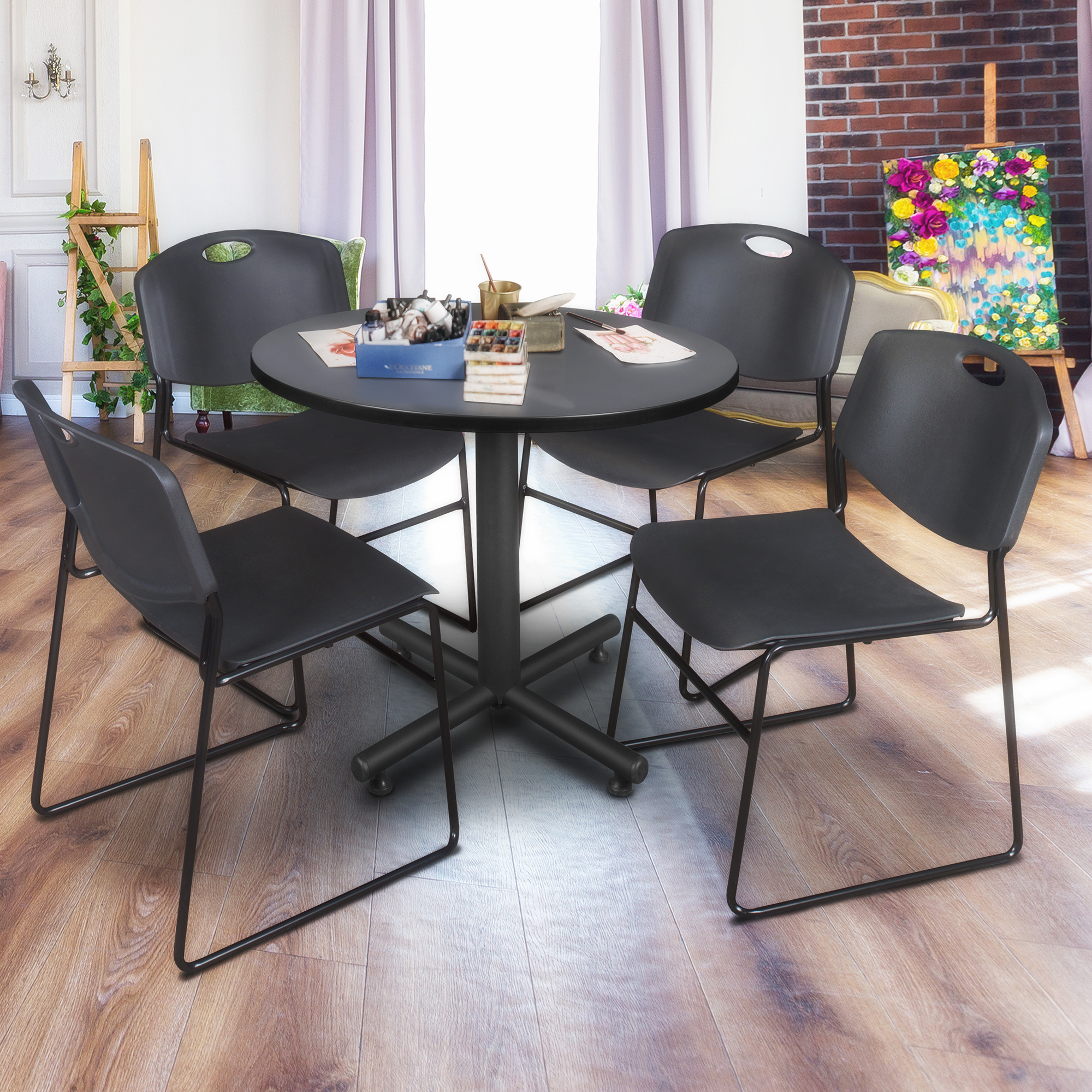 Regency Kobe 30 in. Square XBase Breakroom Table 4 Zeng Stack Chairs - Picture 6 of 26