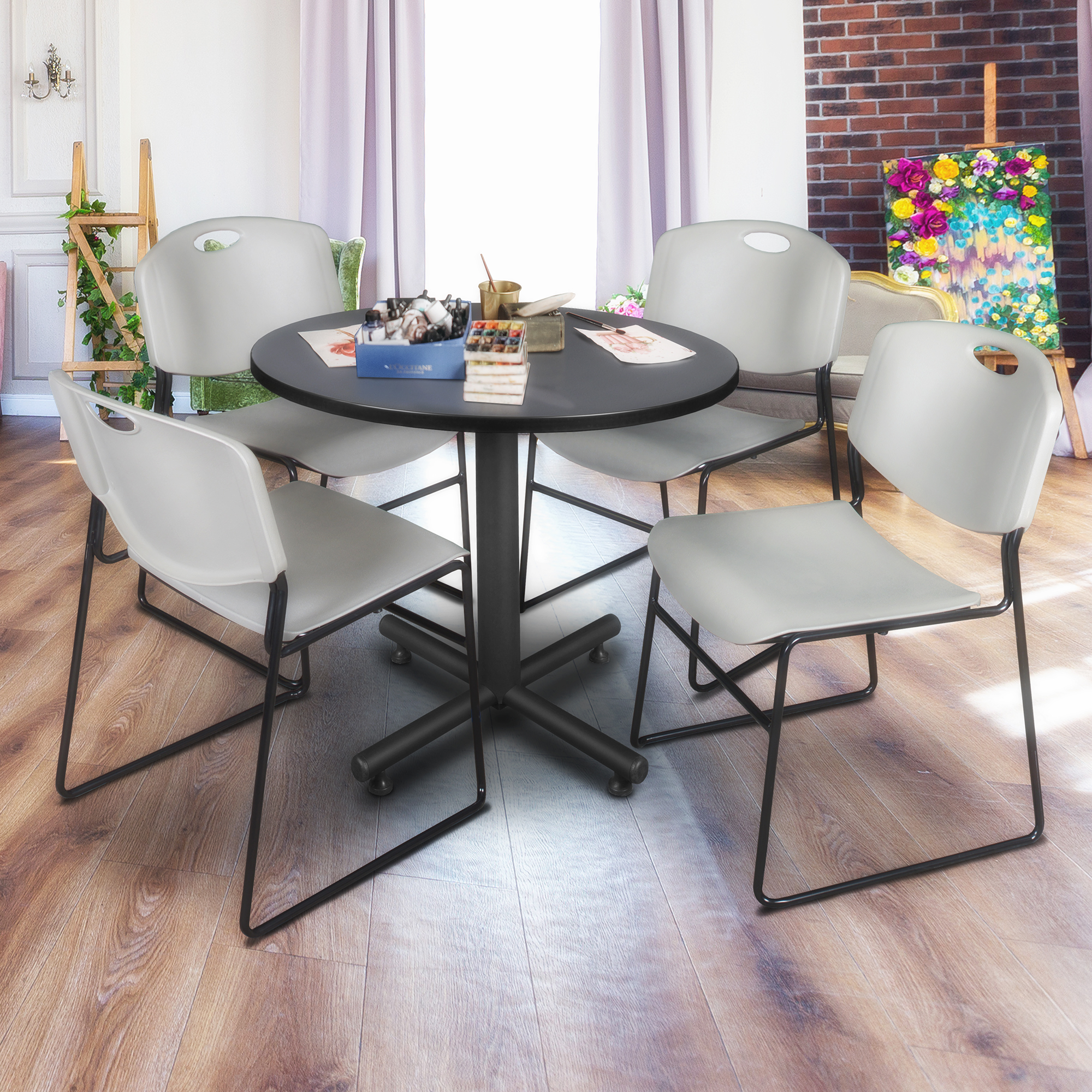 Regency Kobe 30 in. Square XBase Breakroom Table 4 Zeng Stack Chairs - Picture 22 of 26