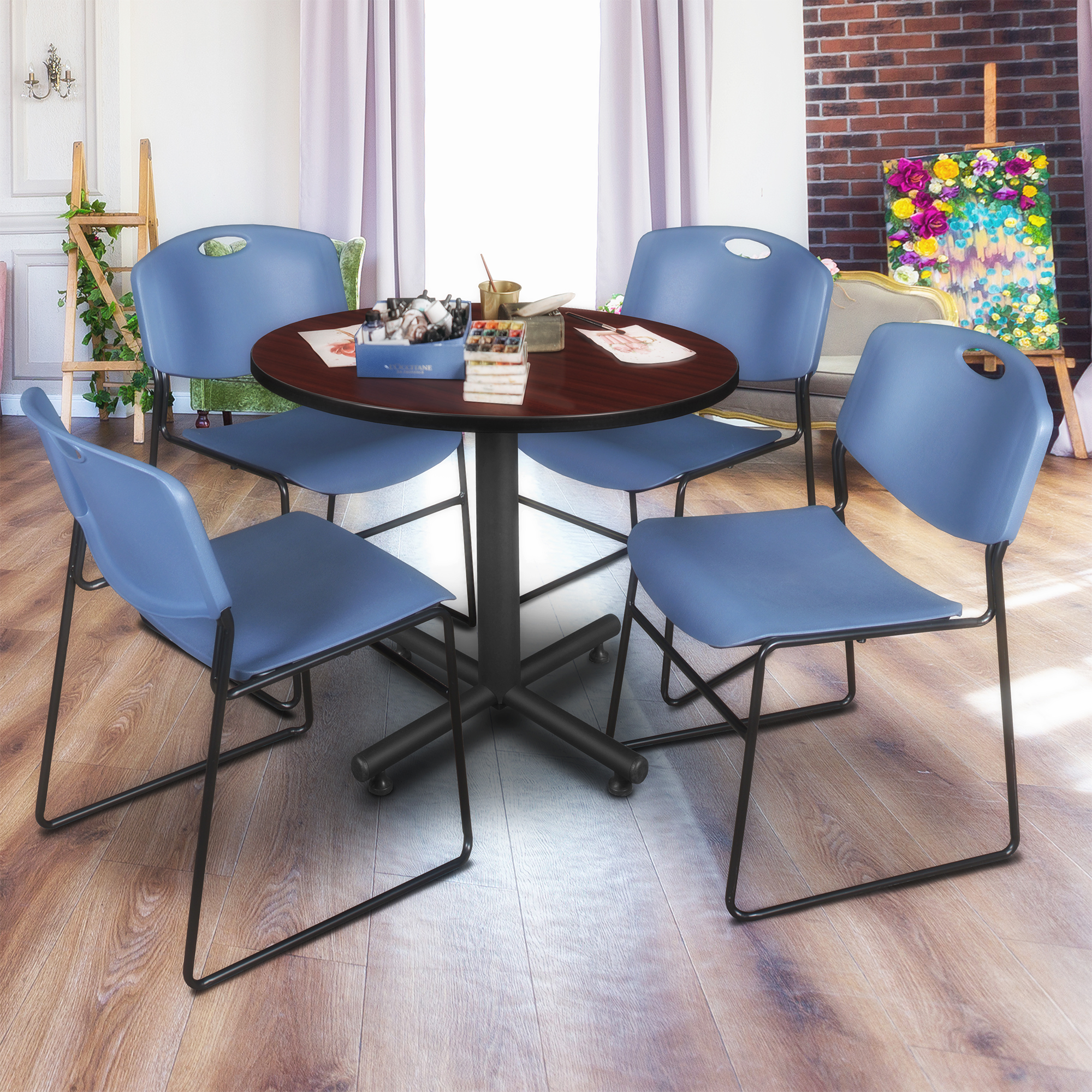 Regency Kobe 30 in. Square XBase Breakroom Table 4 Zeng Stack Chairs - Picture 16 of 26