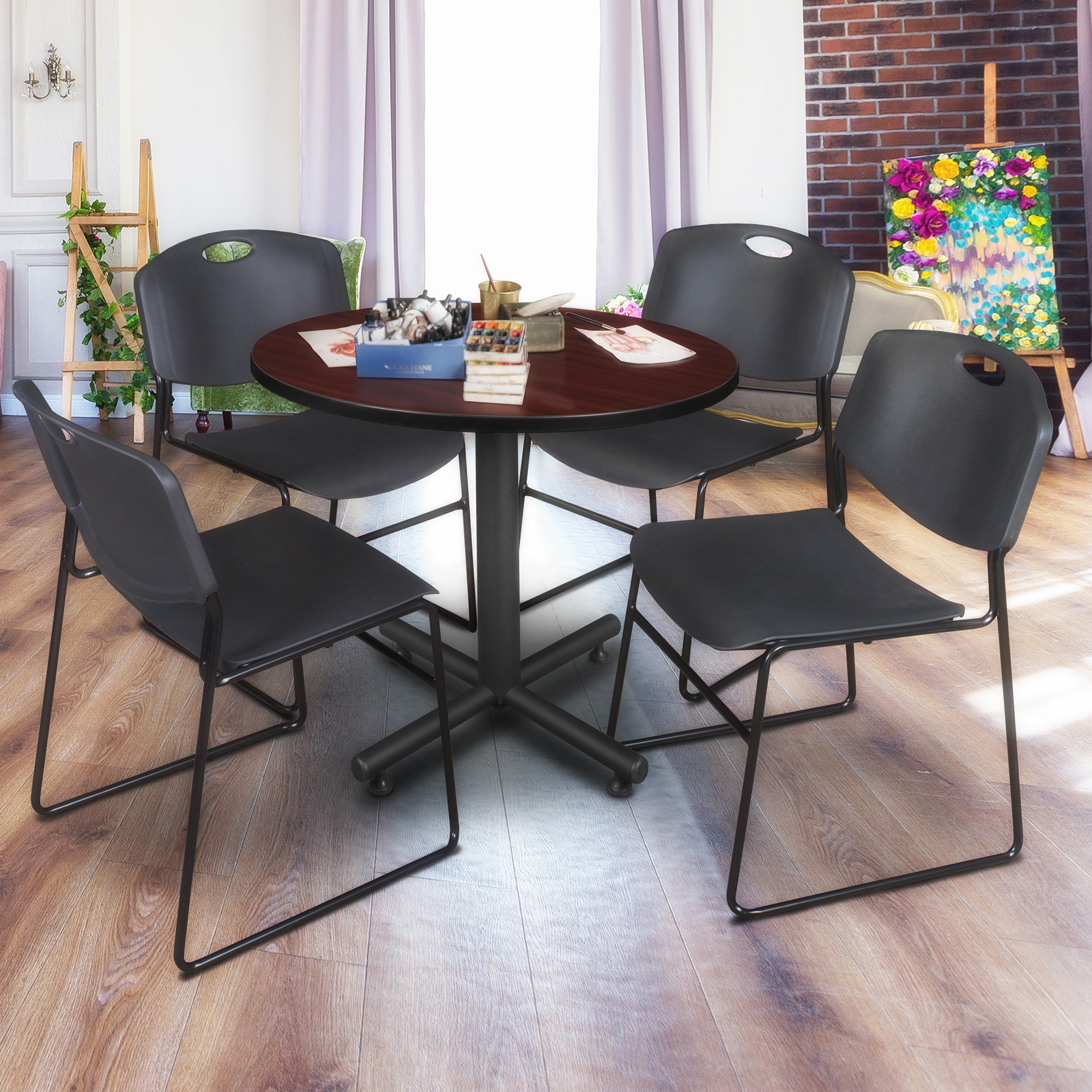 Regency Kobe 30 in. Square XBase Breakroom Table 4 Zeng Stack Chairs - Picture 8 of 26