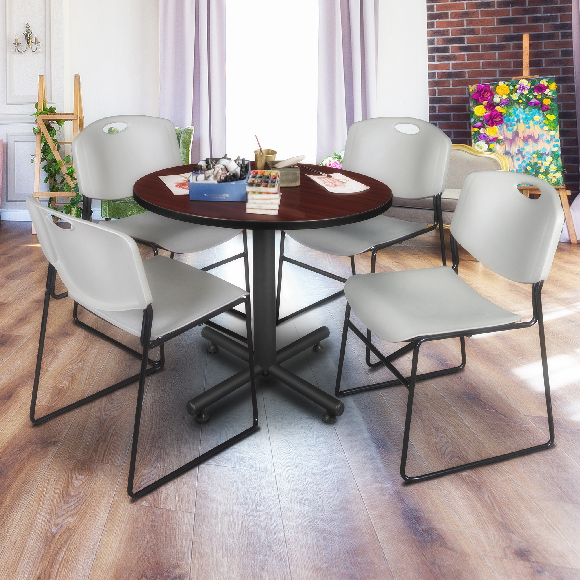 Regency Kobe 30 in. Square XBase Breakroom Table 4 Zeng Stack Chairs - Picture 24 of 26
