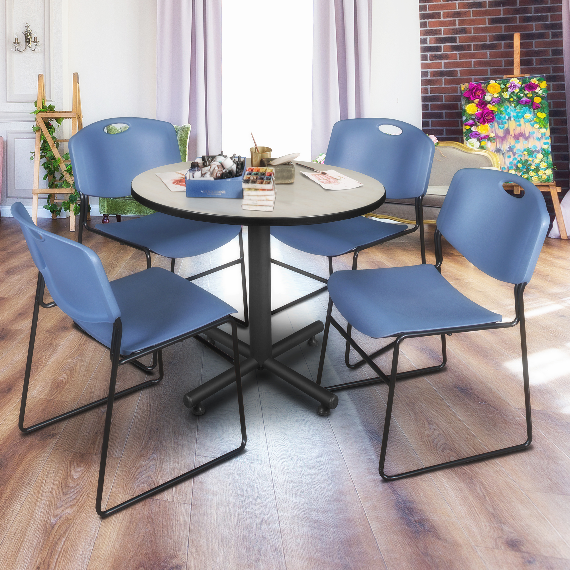 Regency Kobe 30 in. Square XBase Breakroom Table 4 Zeng Stack Chairs - Picture 18 of 26