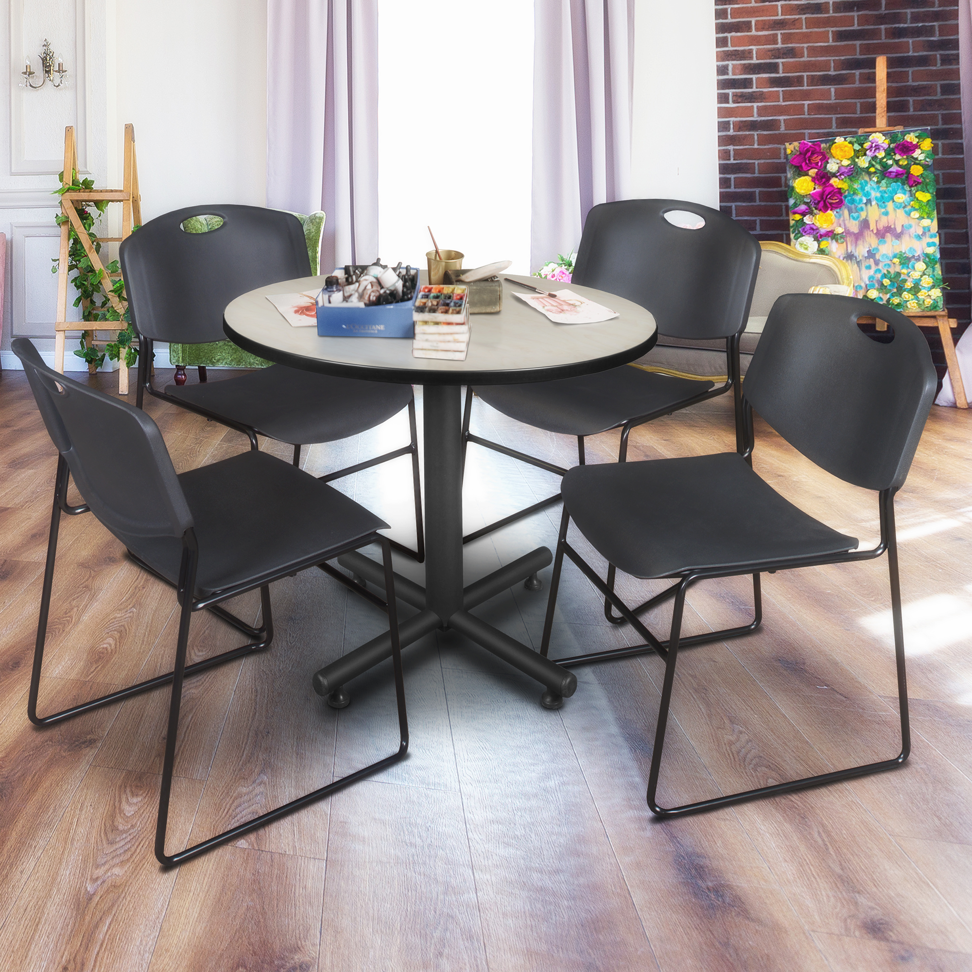 Regency Kobe 30 in. Square XBase Breakroom Table 4 Zeng Stack Chairs - Picture 10 of 26
