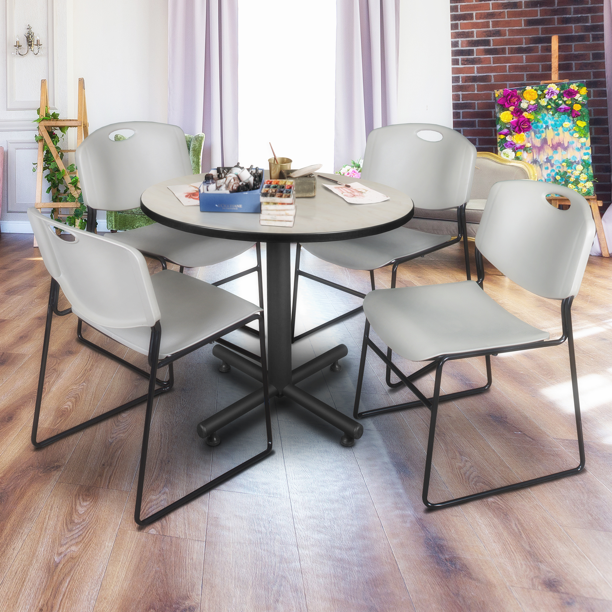 Regency Kobe 30 in. Square XBase Breakroom Table 4 Zeng Stack Chairs - Picture 26 of 26