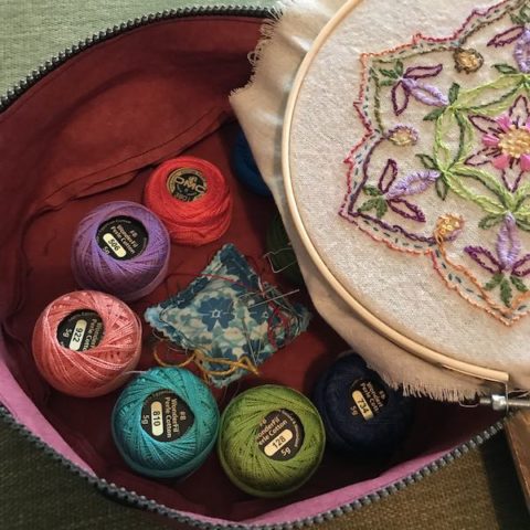 Finished hoop art project organizer with pearl cotton and pin cushion