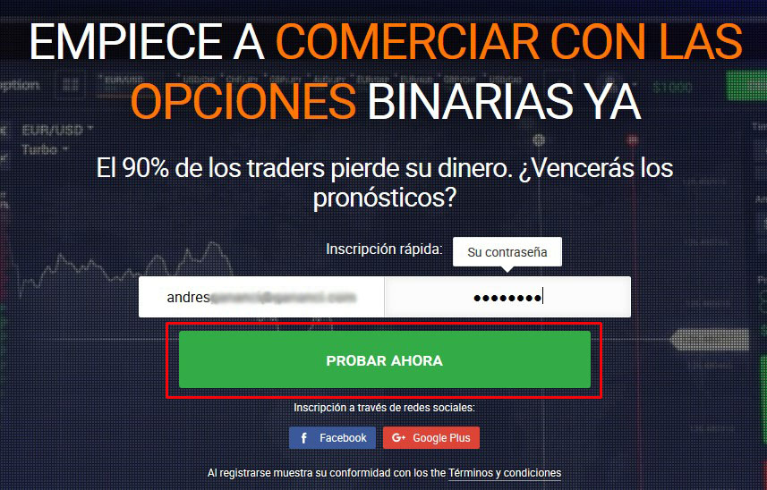 Aplicación de opciones binarias de cuenta demo
