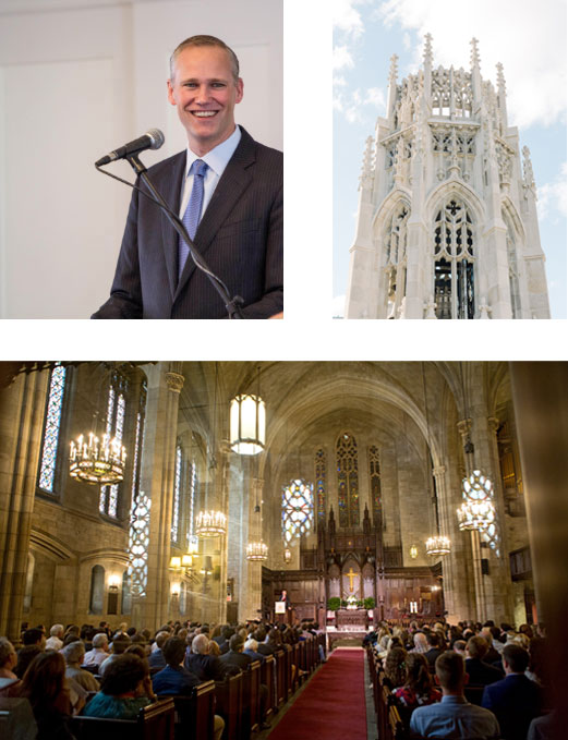 Image of Jason Harris, the bell tower, and the sanctuary