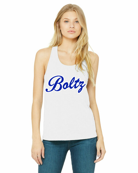 WHITE - Bolt Boltz Ladies' Jersey Racerback Tank Script