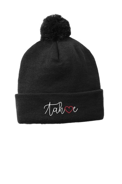 Black - Solid Pom Pom Beanie w/ Embroidery (Tahoe Love)
