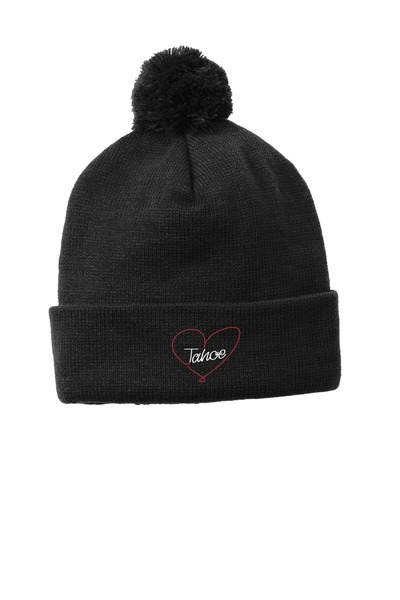 Black - Solid Pom Pom Beanie w/ Embroidery (Heart Tahoe)