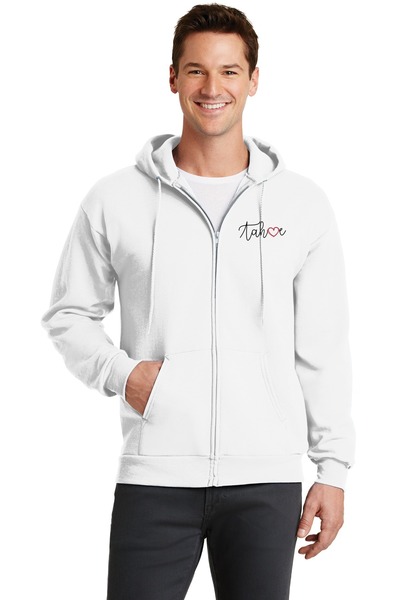 White - Core Fleece Full-Zip Hooded Sweatshirt w/ Embroidery (Tahoe Love)