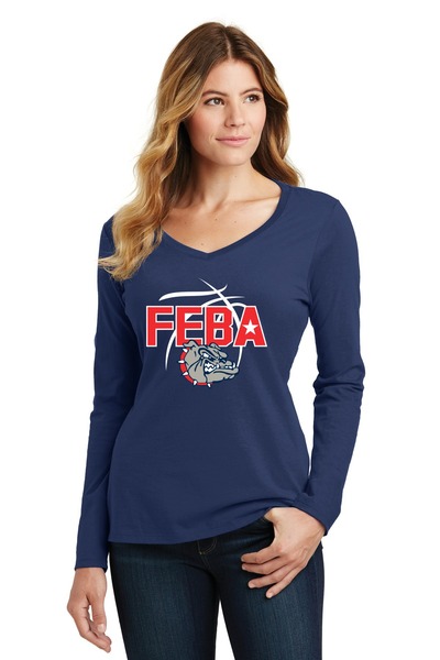 Team Navy - Ladies Long Sleeve Fan Favorite V-Neck Tee w/ Print (FEBA)