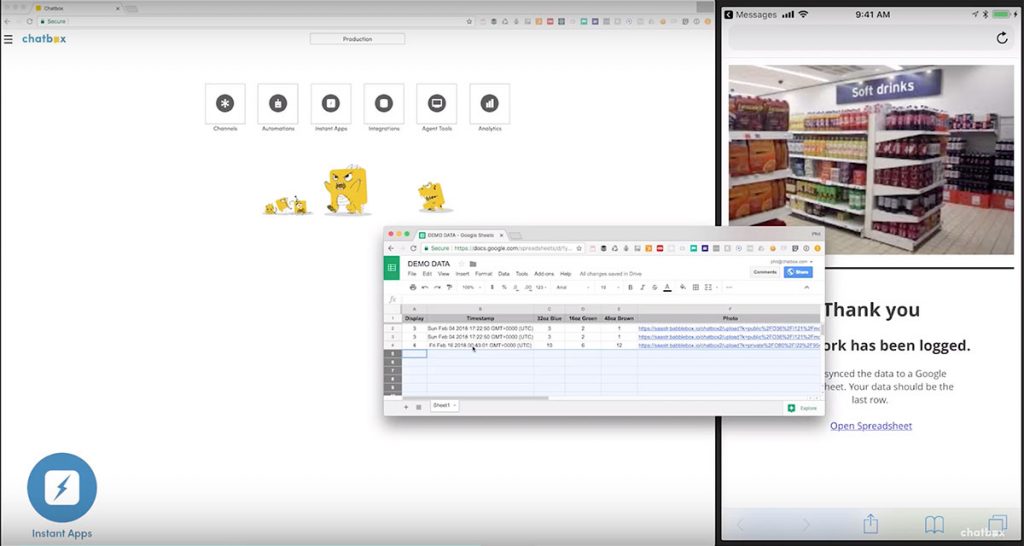 Instant App messaging submitting order and spreadsheet