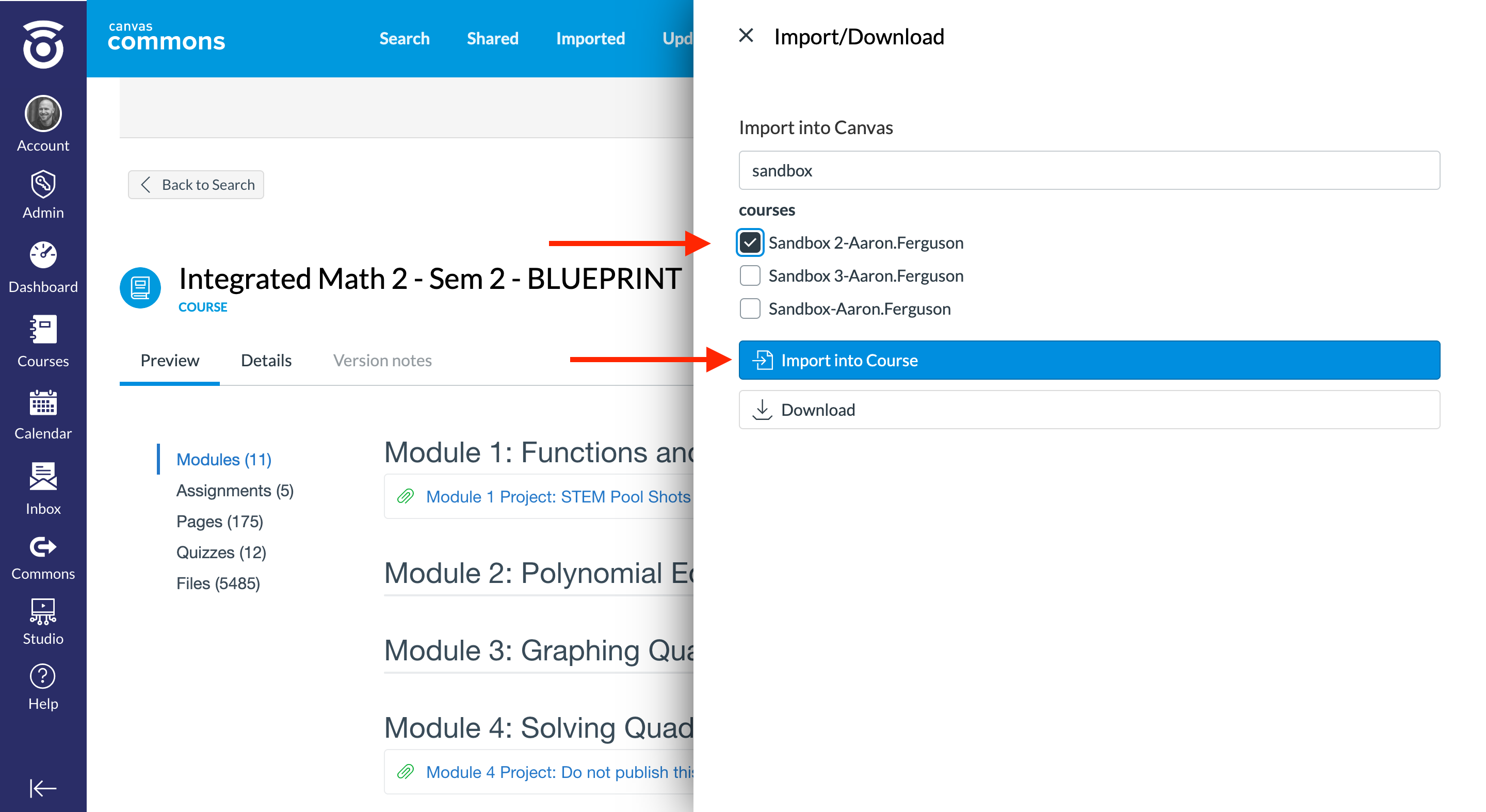Canvas Import an item from the Commons · Alludo