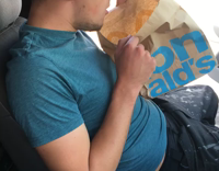 guy blue shirt throwing up in mcdonalds bag